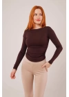 Yaka Detay Uzun Kollu Basic Kahverengi Bluz