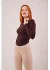Yaka Detay Uzun Kollu Basic Kahverengi Bluz