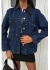 Yaka Siyah Garni Pul Payet Taşlı Oversize Denim Ceket 6125