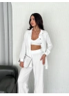 Yakalı Düğmeli Uzun Kollu Gömlek Pantolon Ikili Takım - Beyaz
