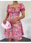 Yakası Lastikli Bağcık Detaylı Mini Elbise -Pembe