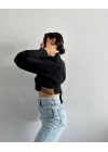 Yanı kemer detaylı crop gömlek siyah s4009