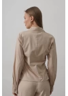 Yanları Büzgülü Çizgili Gömlek - Camel