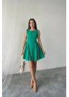 Yeşil Mini Boy Büzgülü Keten Elbise