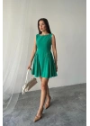 Yeşil Mini Boy Büzgülü Keten Elbise