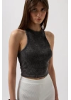 Yıkamalı Halter Yaka Crop Bluz