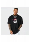Yılbaşı Gözlüklü Noel Baba Baskılı Kısa Kollu Oversize Bisiklet Yaka T-shirt - Siyah
