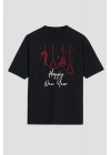 Yılbaşı Happy New Year Baskılı Kısa Kollu Oversize Bisiklet Yaka T-shirt - Siyah