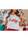 Yılbaşı Merry Christmas Baskılı Kısa Kollu Oversize Bisiklet Yaka T-shirt - Beyaz