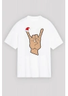 Yılbaşı Noel Başlıklı Serçe Parmak Baskılı Oversize Bisiklet Yaka T-shirt - Beyaz