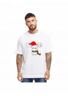 Yılbaşı Noel Ren Geyiği Baskılı Kısa Kollu Oversize Bisiklet Yaka T-shirt - Beyaz