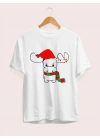 Yılbaşı Noel Ren Geyiği Baskılı Kısa Kollu Oversize Bisiklet Yaka T-shirt - Beyaz