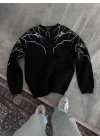 Yıldırım Baskılı Bisiklet Yaka SweatShirt - Siyah