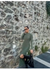 Yırtmaçlı kalın bürümcük uzun elbise Yeşil