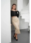 Yırtmaçlı uzun deri etek bej