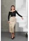 Yırtmaçlı uzun deri etek bej