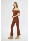 Yüksel Bel Fitilli İspanyol Paça Tayt - Kahve