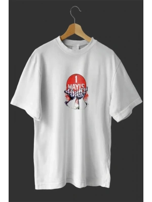 1 Mayıs Emek Ve Dayanışma Günü Baskılı Oversize Bisiklet Yaka T-shirt - Beyaz