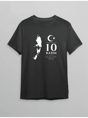 10 Kasım Atatürk Anma Günü Silüet Baskılı Oversize Bisiklet Yaka T-shirt - Siyah