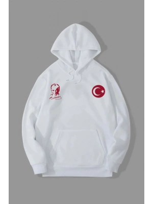10 Kasıma Özel Üç İplik Kapşonlu Baskılı SweatShirt - Beyaz