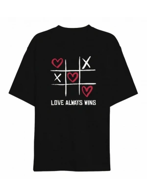 14 Şubat Sevgililer Günü Love Always Wins Baskılı Oversize Bisiklet Yaka T-shirt - Siyah