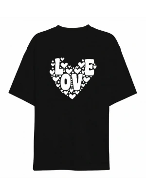 14 Şubat Sevgililer Günü Love Kalp Baskılı Oversize Bisiklet Yaka T-shirt - Siyah