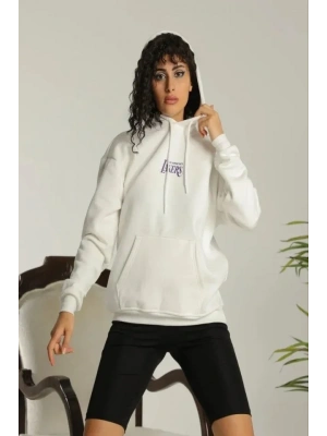 24 Sırt Baskılı Ovresize Üç İplik Kapüşonlu Sweatshirt - Beyaz