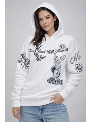 3 İplik Pamuklu Kapüşonlu Baskılı SweatShirt Hoodie - Beyaz