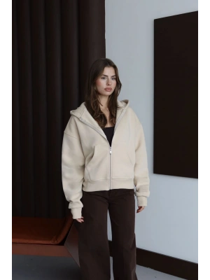 3 iplik şardonlu kapşonlu hoodie frm bej p510437