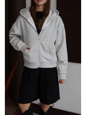 3 iplik şardonlu kapşonlu hoodie frm gri p510437