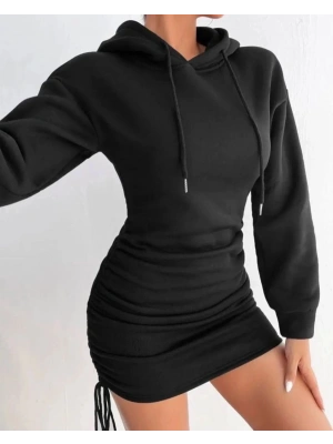 3 iplik şardonlu kapşonlu elbise siyah