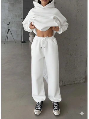 3 iplik şardonlu Lastik paça eşofman beyaz p510439