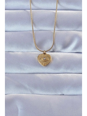 316L Altın Renk Zirkon Taşlı İşlemeli Göz Detay Kalp Kolye