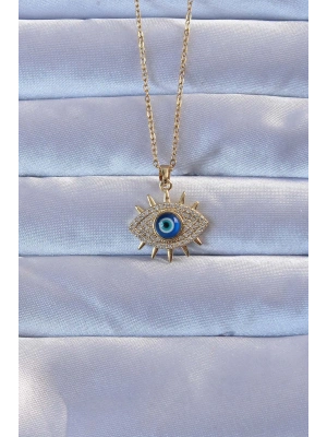 316L Altın Renk Zirkon Taşlı Nazarlı Göz Kolye
