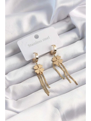 316L Çelik Altın Renk İtalyan Zincirli Yonca Model Halka Küpe