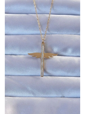 316L Çelik Altın Renk Zirkon Taşlı Mikail Kolye