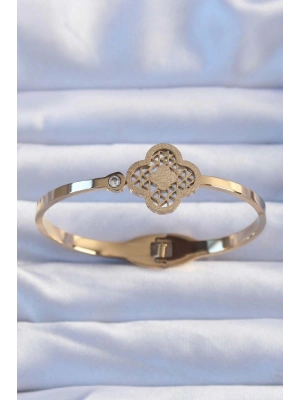 316L Çelik Altın Renk Zirkon Taşlı Simli Yonca Kelepçe