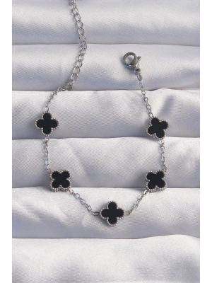 316L Çelik Baby Boy Gümüş Renk Siyah Mineli Yonca Bileklik