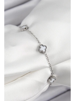 316L Çelik Beyaz Sedef Yonca Model Gümüş Renk Kadın Bileklik