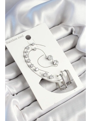 316L Çelik Dikdörtgen Figürlü Ve Zirkon Taşlı Gümüş Renk 7li Çift Kadın Küpe Set