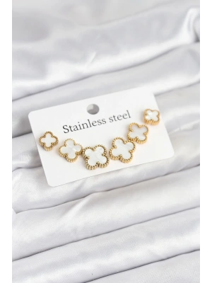 316L Çelik Gold Beyaz Renk 3 Boy Yonca Küpe Seti