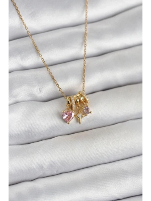 316L Çelik Gold Pembe Zirkon Taşlı Charmlı Kadın Kolye