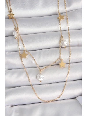 316L Çelik Gold Renk 2Li Zincir Sallantı Yıldız İnci Model Kadın Kolye