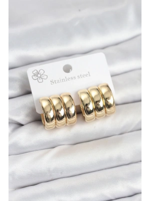 316L Çelik Gold Renk 3lü Görünüm Kadın Küpe