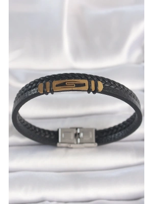 316L Çelik Gold Renk Aksesuarlı Çift Sıra Siyah Burgu Desenli Deri Kordon Erkek Bileklik