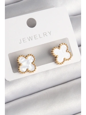 316L Çelik Gold Renk Beyaz Minelik Yonca Model Kadın Küpe