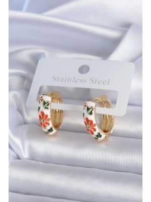 Pirinç Gold Renk Beyaz Renk Çiçek İşleme Detay Kadın Küpe