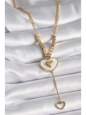 316L Çelik Gold Renk Beyaz Sedefli Kalp Model Sallantı Detay Kadın Kolye