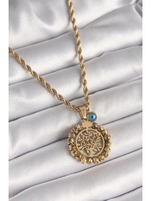 316L Çelik Gold Renk Burgu Zincir Dorika Yaşam Ağacı Figür Nazar Boncuk Detay Kadın Kolye