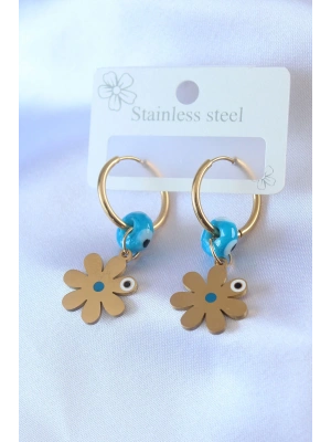 316L Çelik Gold Renk Çiçek Model Nazar Boncuk Detay Kadın Küpe